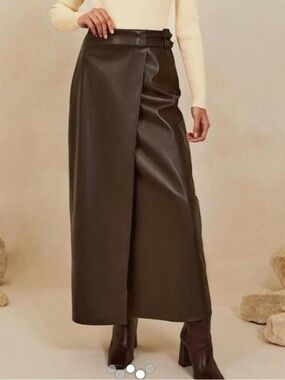 BRAND NEW Veiled Dark Brown Faux Leather Wrap Maxi Skirt in Size 4